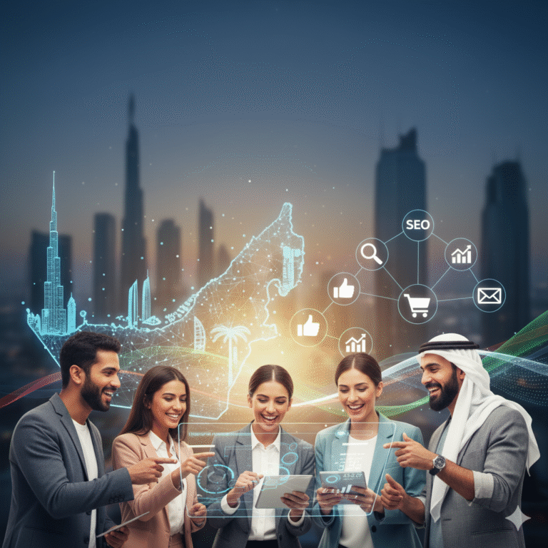 Team of professionals strategizing Digital Marketing UAE campaigns with SEO, analytics , and social media tools in Dubai