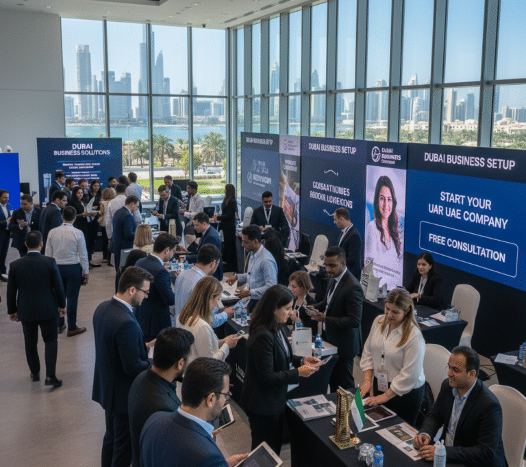 Infinity Synergy Consultant networking event with professionals discussing business setup and IT solutions in a modern Dubai office environment