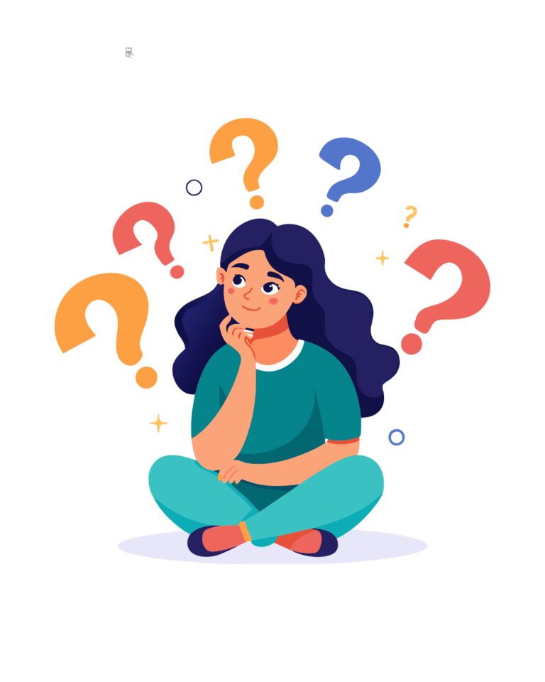 Woman thinking with questions marks around her, representing frequently asked questions about business setup and IT services