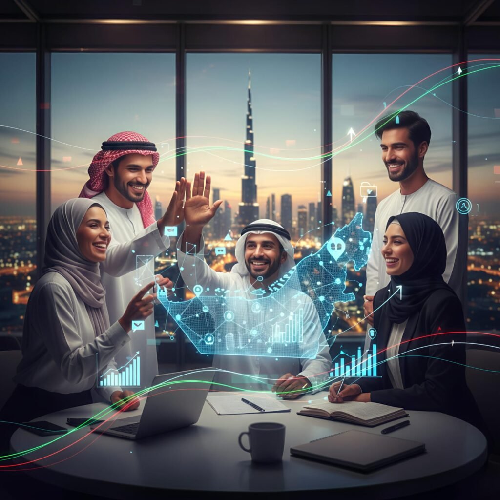 Marketing professionals discussing Digital Marketing UAE stratgies with analytics and Burj Khalifa skyline in the background