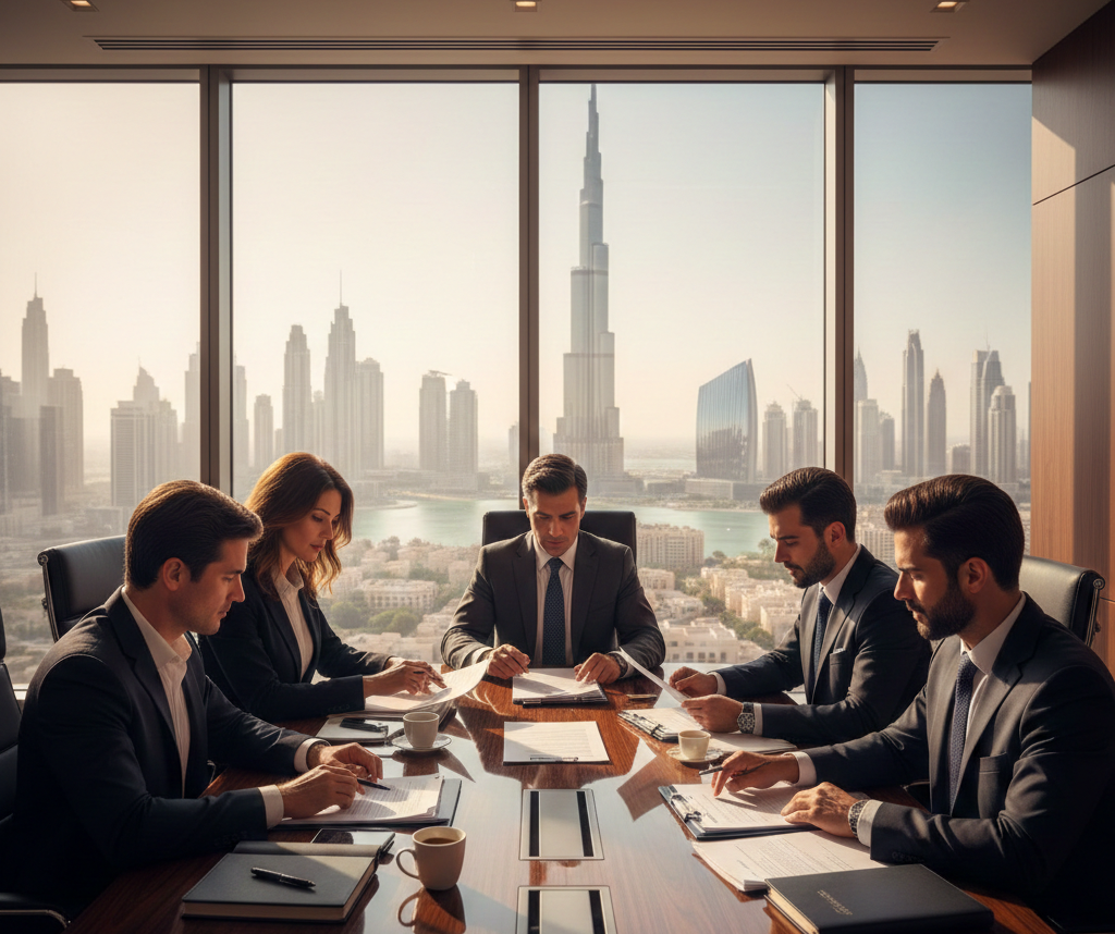 Business professionals meeting in a corporate boardroom overlooking the Dubai skyline and Burj Khalifa during a mainland company formation discussion.