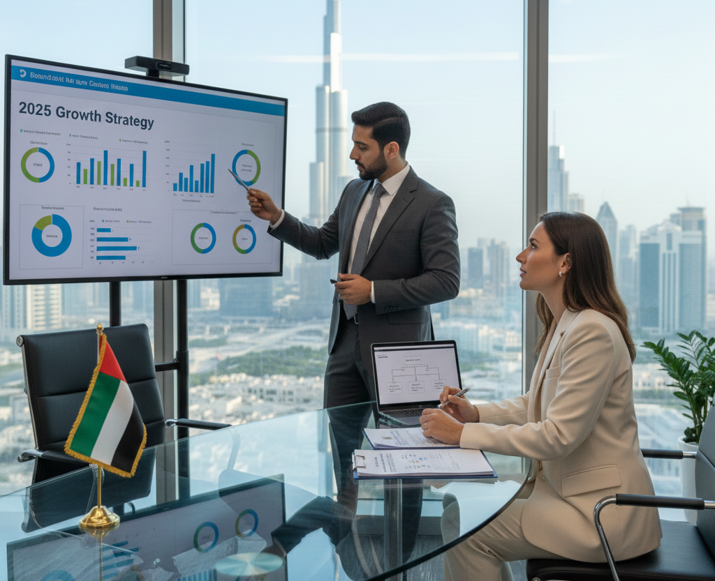 Business consultants in UAE discussing 2025 growth strategy during a business setup and licensing meeting.
