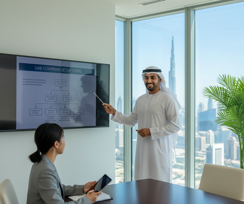 Consultant explaining how to open business UAE to a startup founder
