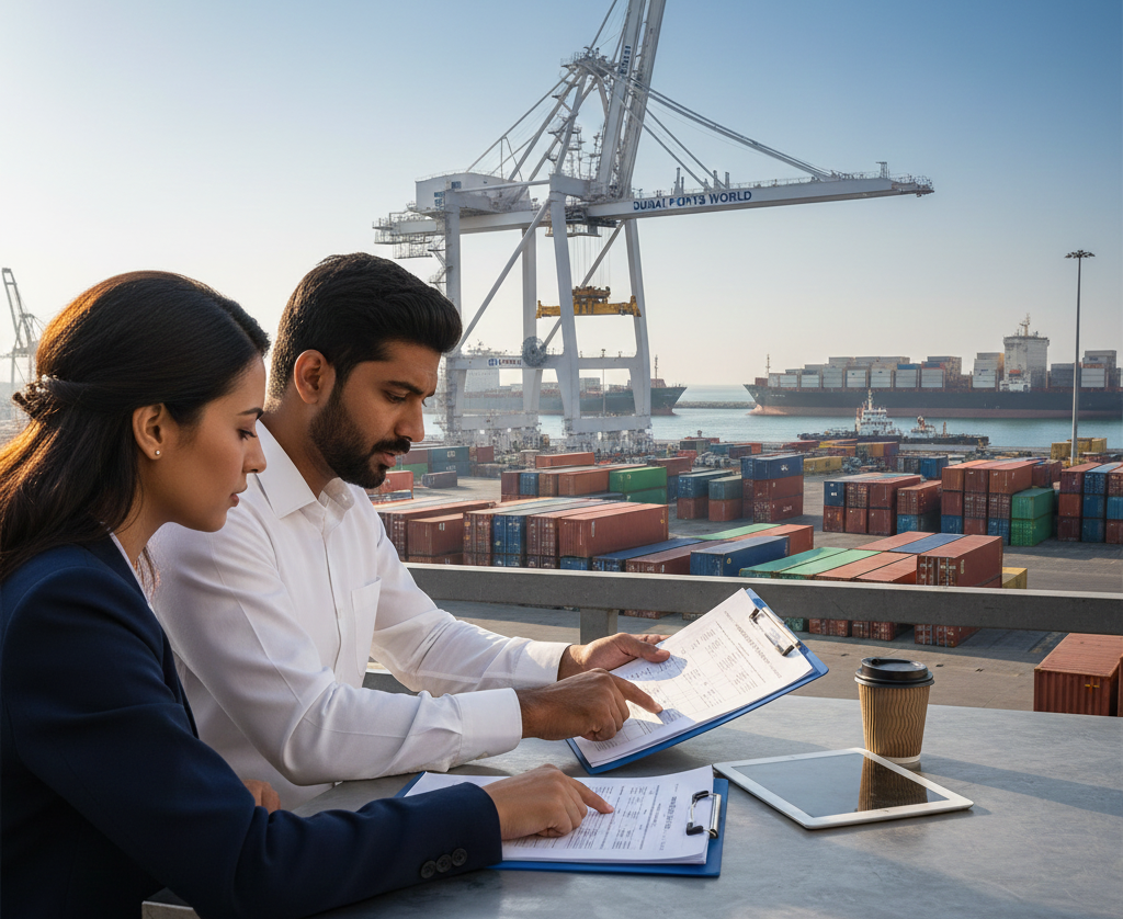 Import export business in UAE with shipping, logistics, and trade documentation.