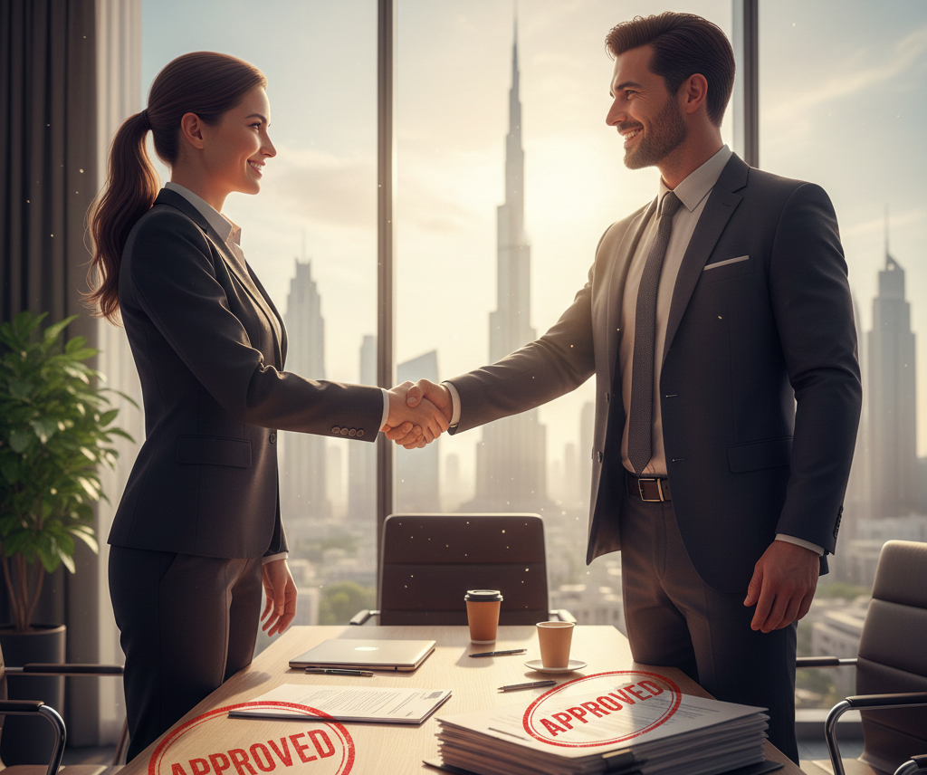 Business professionals shaking hands after completing UAE mainland company setup, with Dubai skyline and Burj Khalifa in the background, symbolising successful company formation services in the UAE.