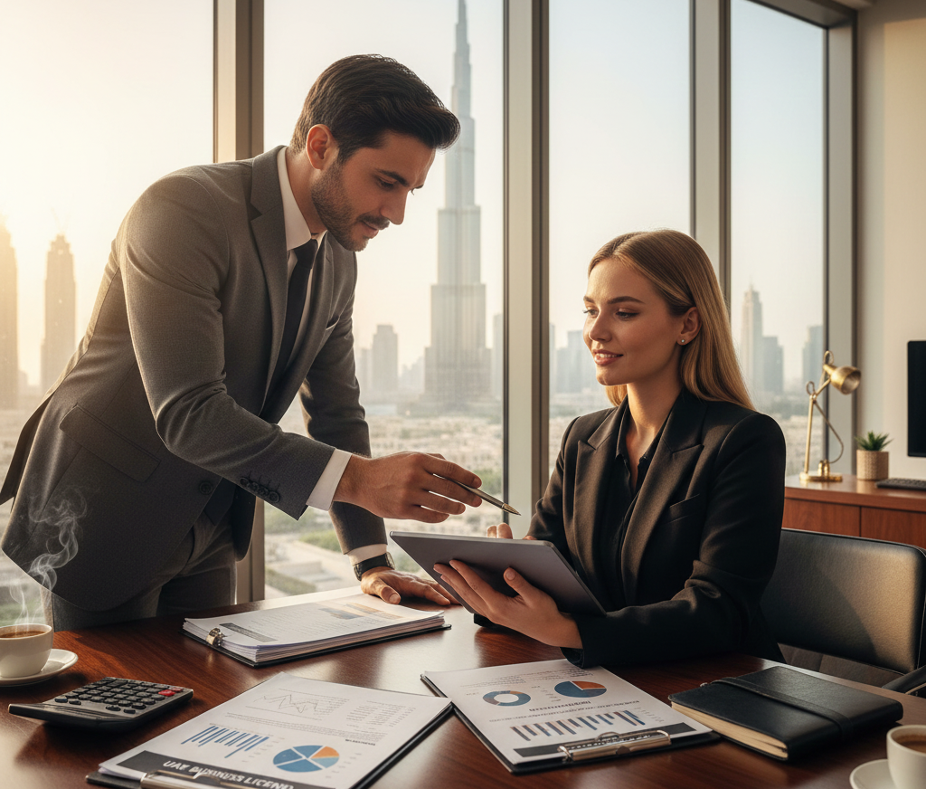 Business consultant and client reviewing mainland company setup cost documents in a Dubai office with the skyline in the background.