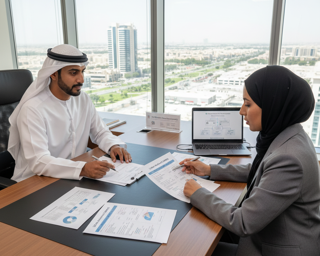 Free zone visa UAE discussion between consultant and business owner.