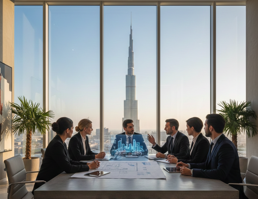 Entrepreneurs planning with startup services Dubai consultant in a modern office
