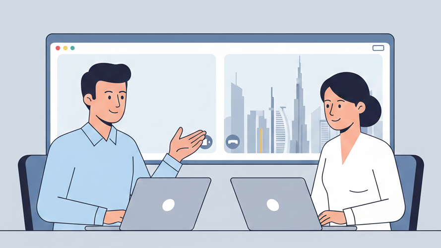 Entrepreneur scheduling UAE business setup advice online with a consultant.