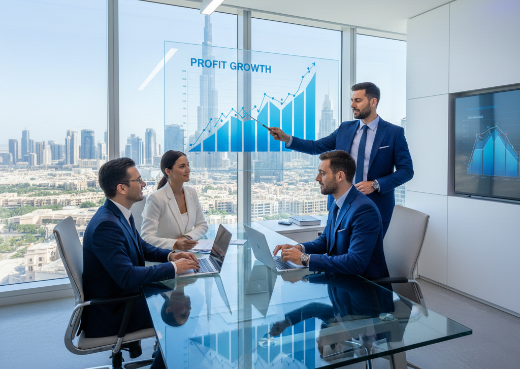 Business management consultant in UAE explaining performance reports in a corporate Dubai boardroom.
