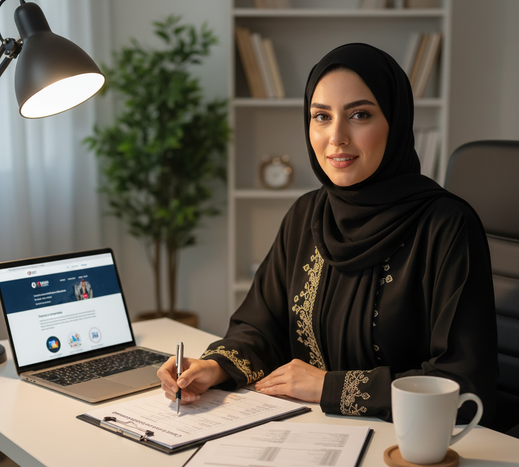 Arab woman explaining Dubai company registration steps at home office