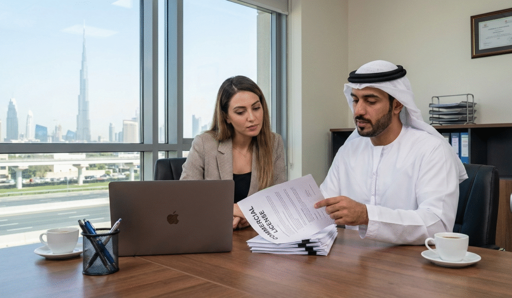 Consultant explaining UAE business licenses to a startup founder