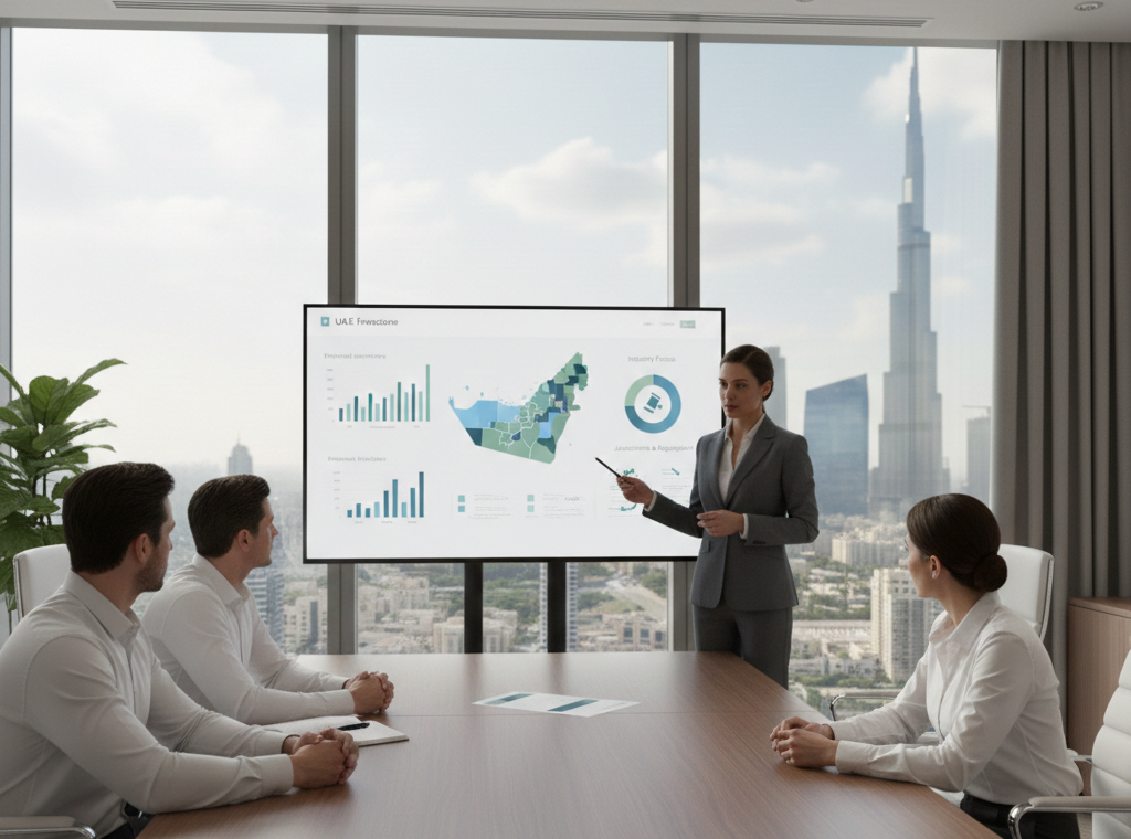 Freezone decision guide illustration showing entrepreneur comparing UAE freezone options