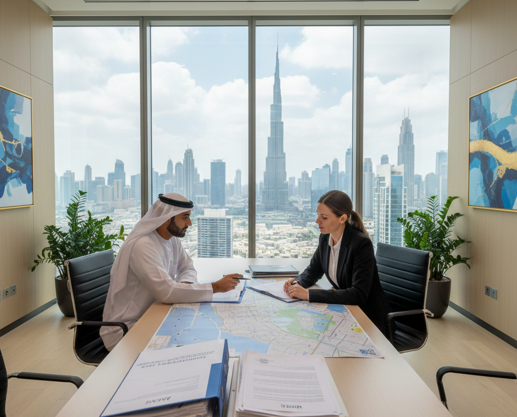 Best freezone choice illustration showing entrepreneur reviewing UAE freezone options