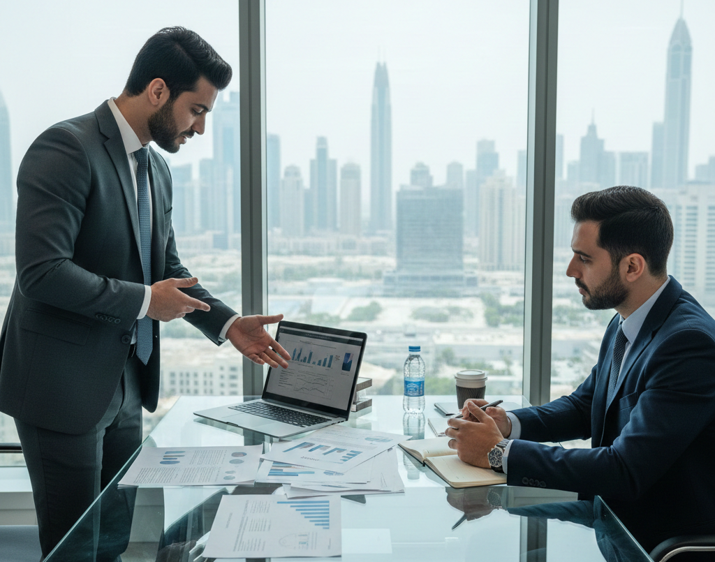 Consultant presenting mainland freezone comparison options to business owner during UAE company setup discussion