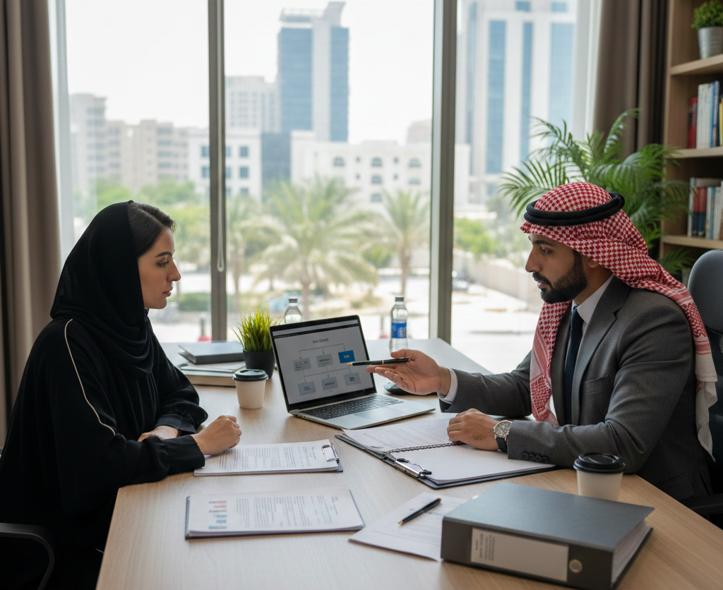 Consultant explaining Sharjah mainland setup steps to a founder in an office meeting