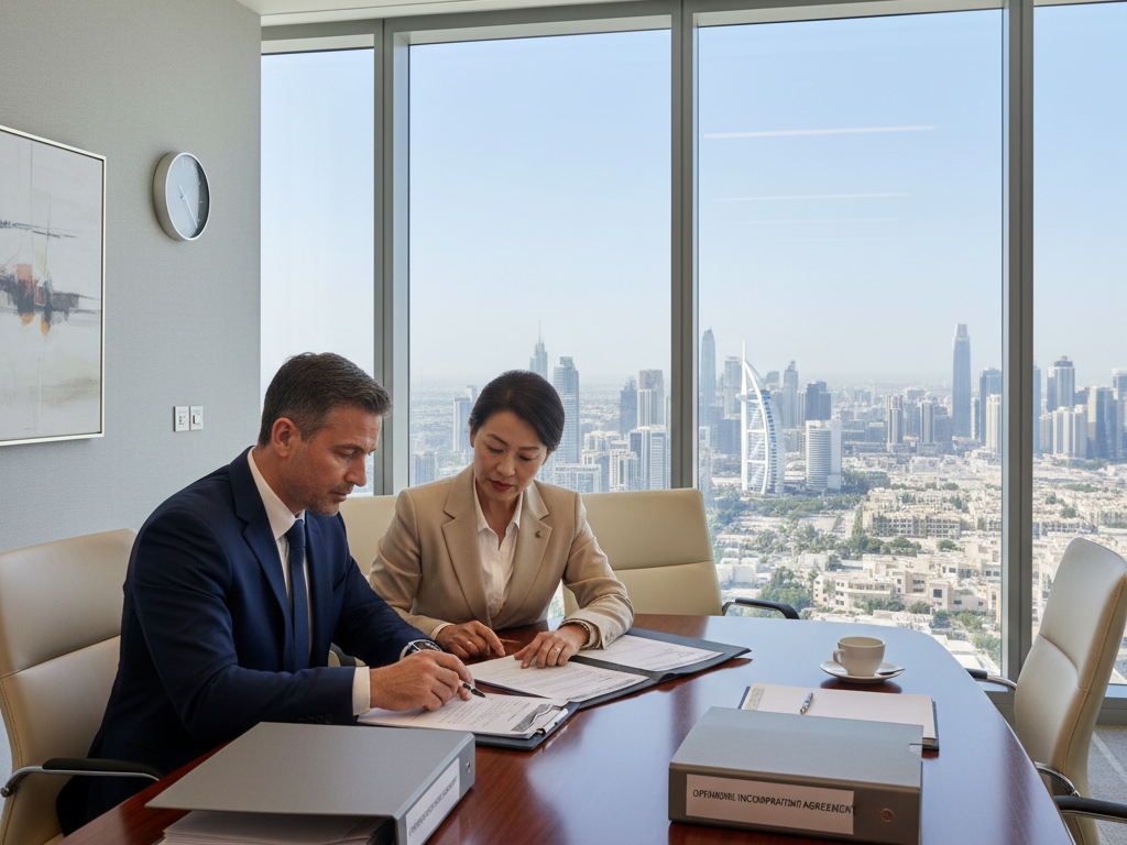 Consultant explaining offshore business UAE incorporation process to international investor in Dubai office