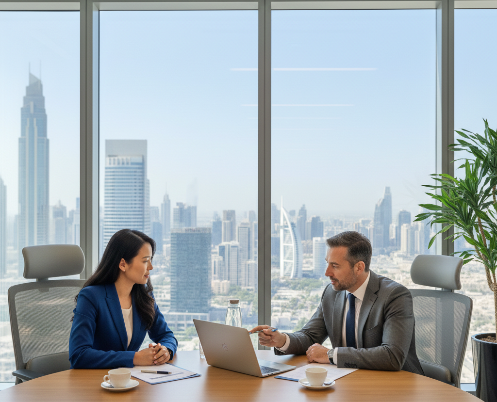 Consultant advising entrepreneur on Best free zone UAE options during business setup meeting in Dubai