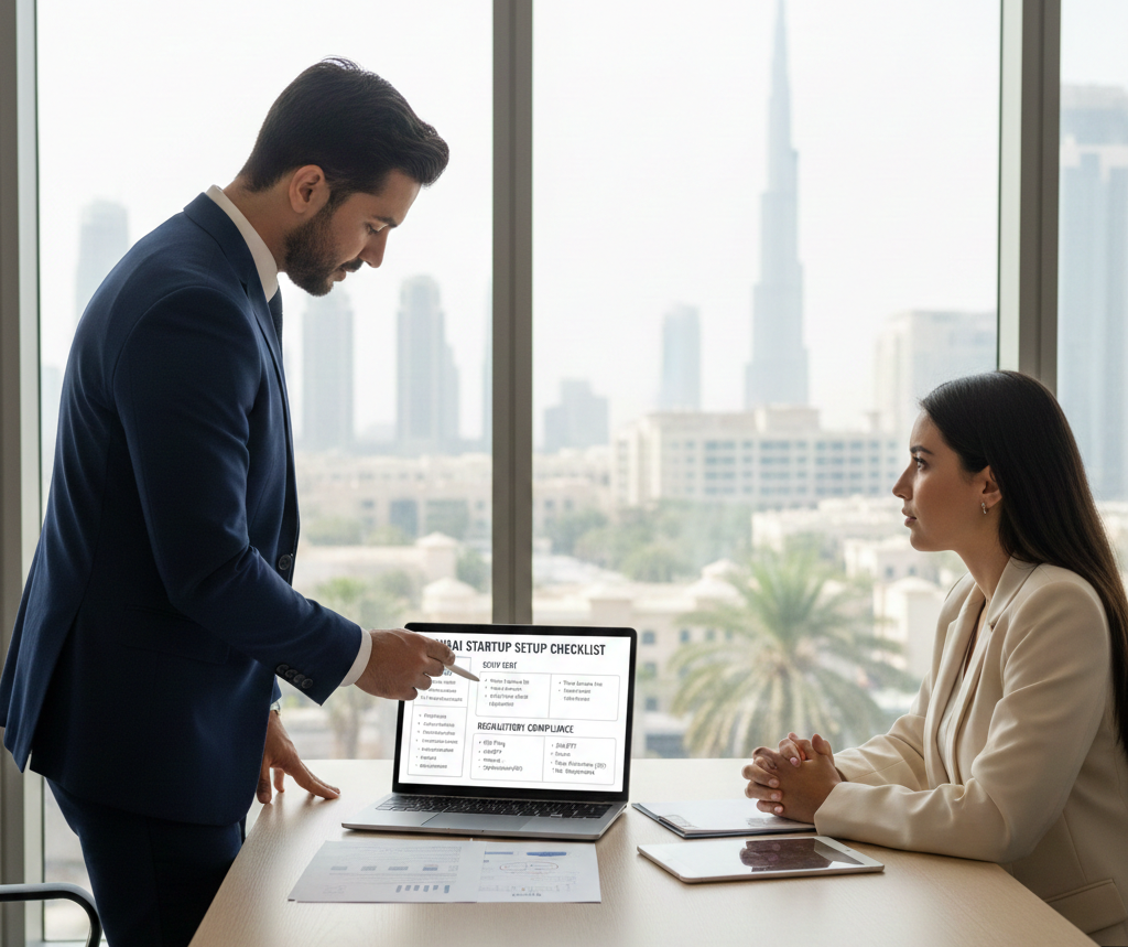 Founder reviewing UAE corporate tax and business setup cost checklist with consultant in a Dubai office