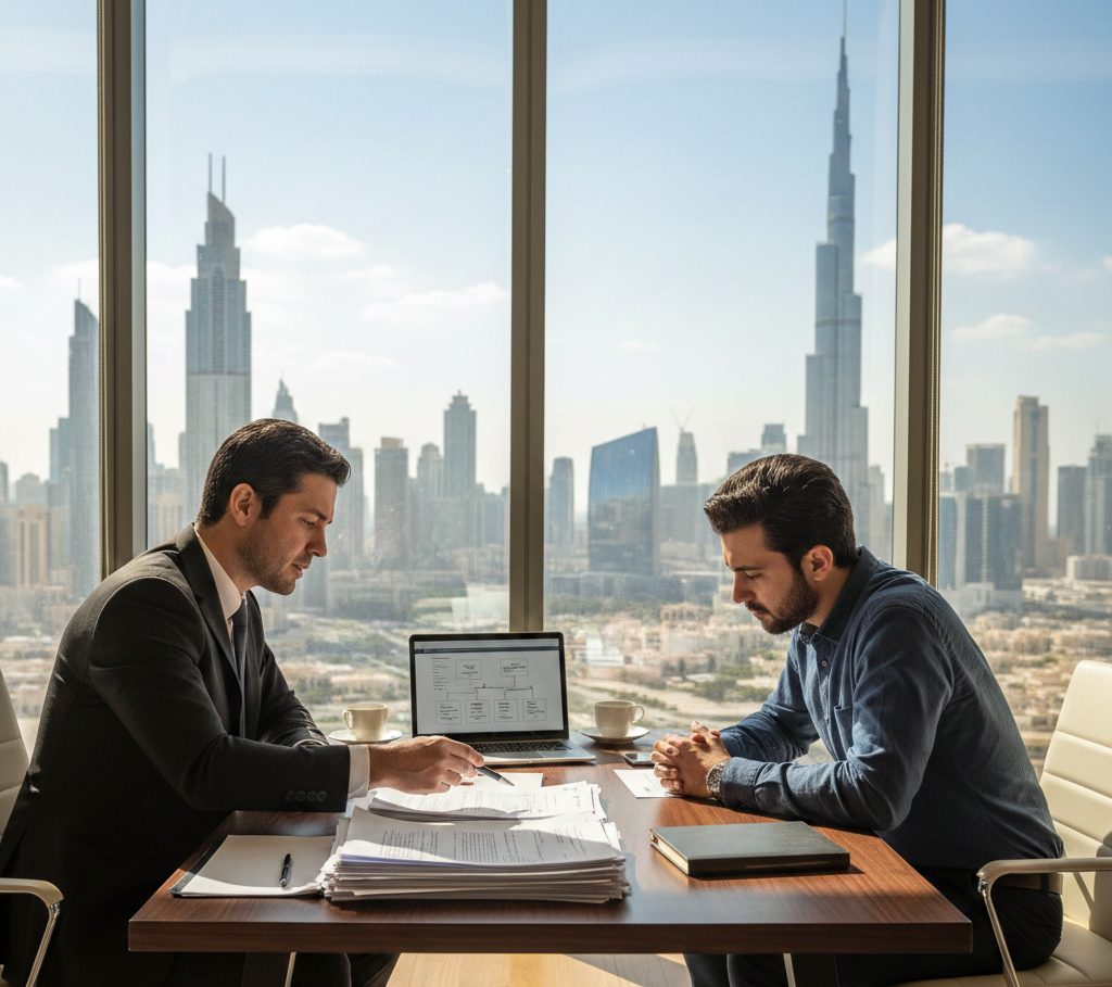 Consultant explaining UAE free zone rules to a startup founder during licence review in a Dubai office