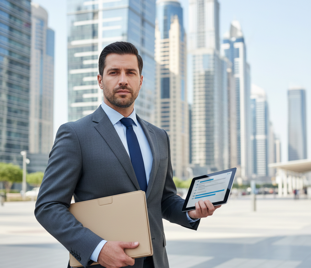 Man checking Dubai business legal requirements documents near skyscrapers