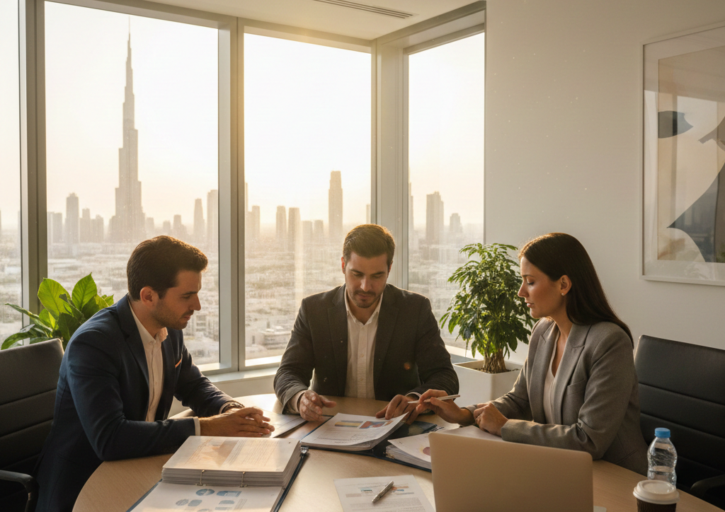 Business advisor explaining UAE formation services and company registration process to startup founders in Dubai office