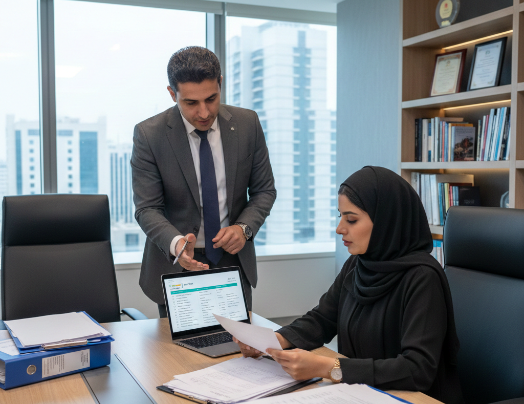 Founder reviewing Sharjah transport license checklist with a consultant in an office meeting