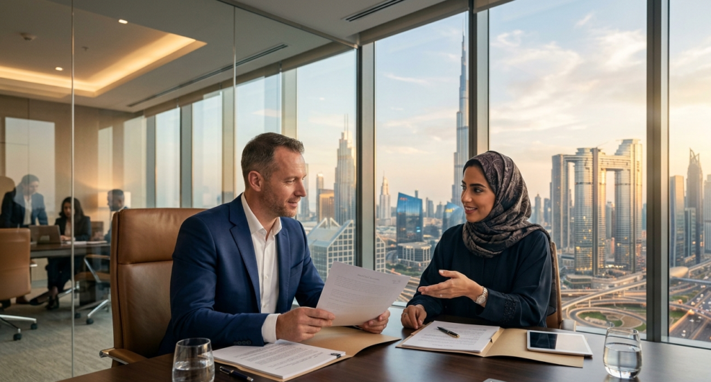 Consultant discussing freezone business benefits UAE with a founder in a modern Dubai office
