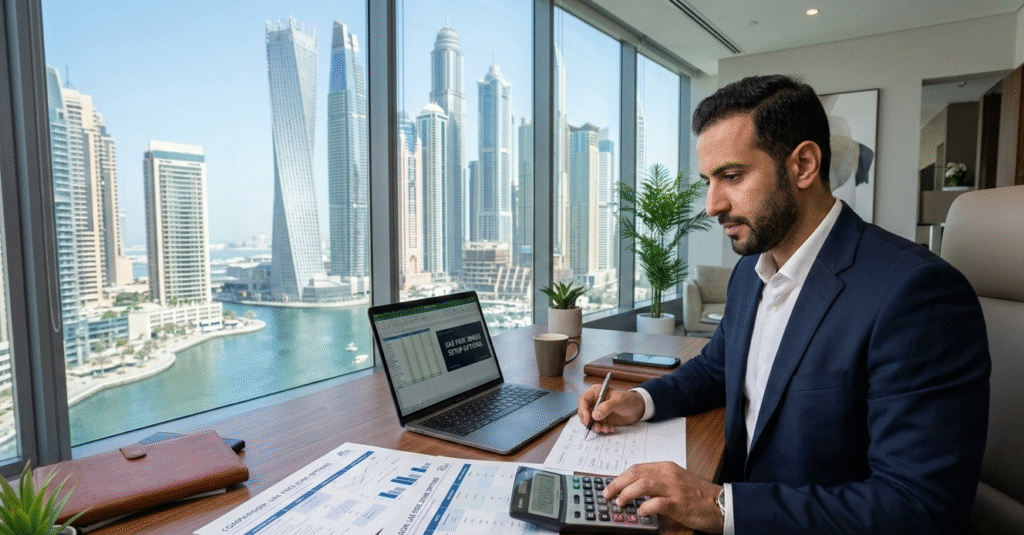 Entrepreneur comparing the cheapest UAE freezone license options in a Dubai office