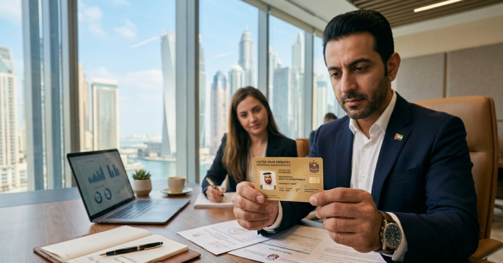 Founder reviewing Company formation Golden Visa options in a Dubai business setup consultation.