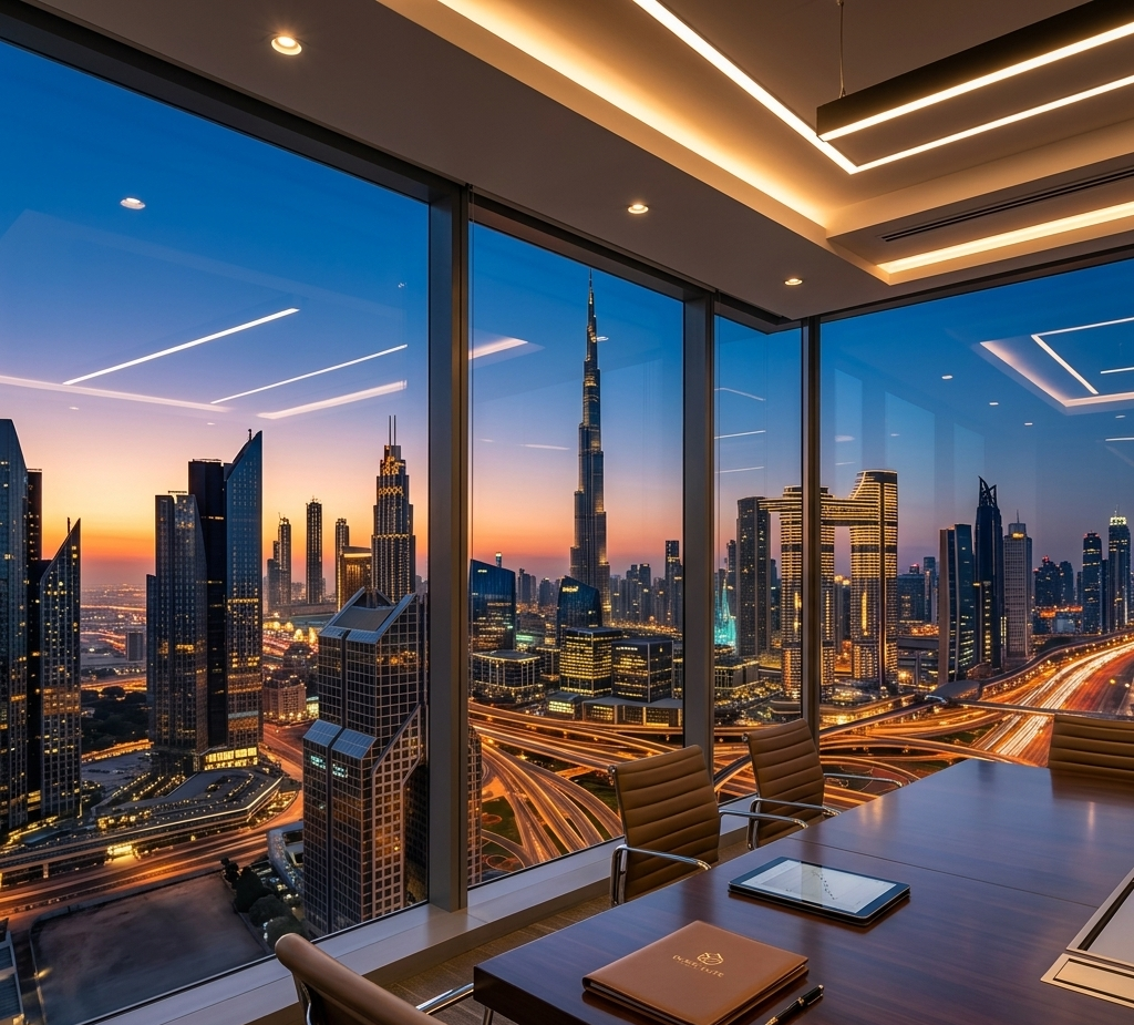 Dubai mainland business setup office with city skyline