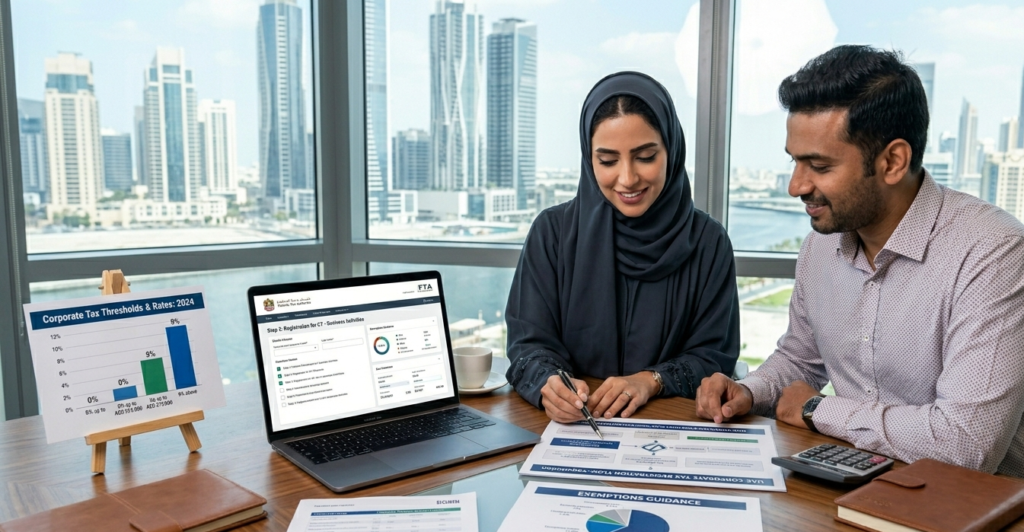 Corporate tax UAE registration consultation with business owner in Dubai office