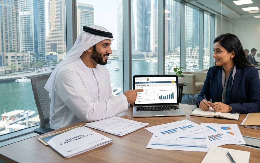 VAT registration services UAE consultation with business owner in Dubai office