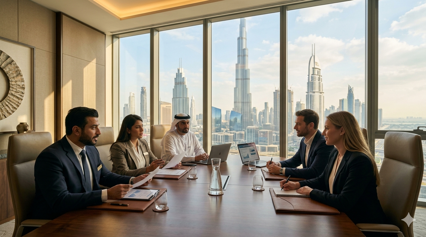 Dubai company formation consultants meeting with business owners