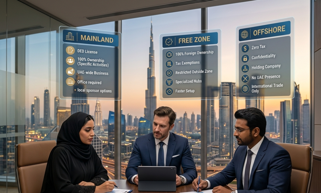 UAE Company Formation Options comparison between Mainland, Free Zone, and Offshore companies in Dubai