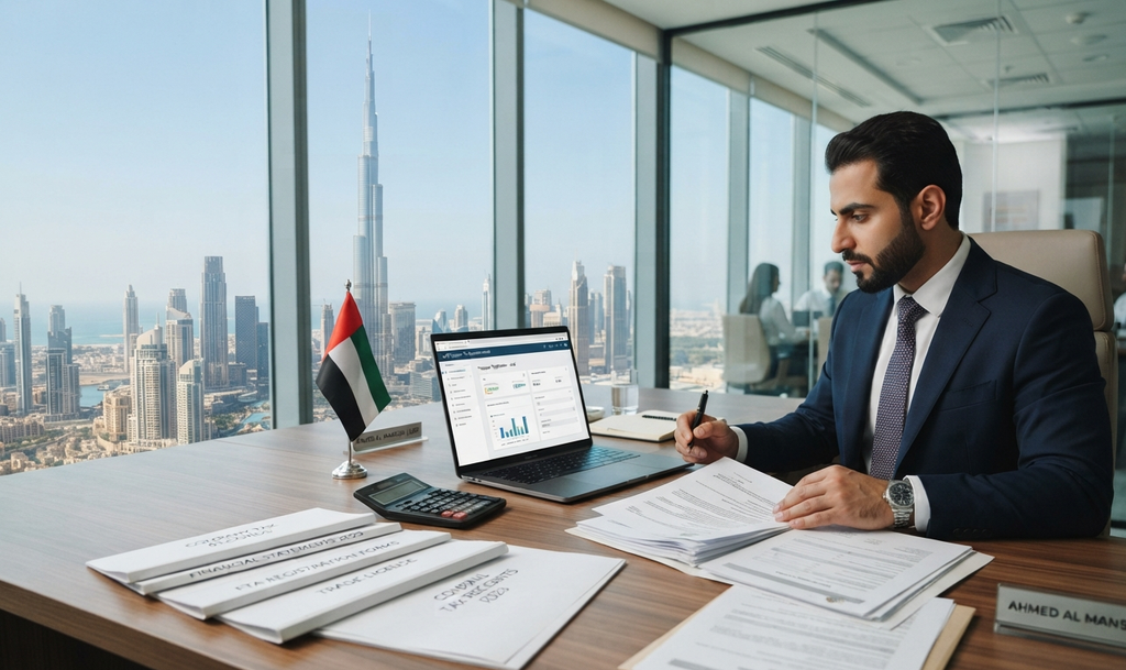 UAE corporate tax registration with business owner reviewing tax documents and company records in Dubai