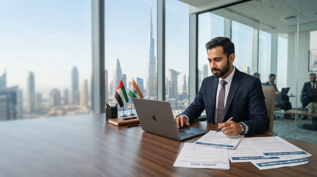 Company setup in UAE for Indian entrepreneurs with Dubai skyline and business registration documents
